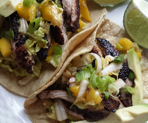 Grilled Dark Chocolate Chipotle Chicken Tacos with Cabbage Mango Slaw