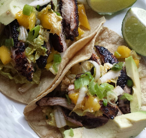 Grilled Dark Chocolate Chipotle Chicken Tacos with Cabbage Mango Slaw