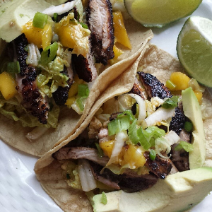 Grilled Dark Chocolate Chipotle Chicken Tacos with Cabbage Mango Slaw