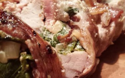 Spinach and Goat Cheese Stuffed Bacon Wrapped Pork Tenderloin with Cranberry Walnut Balsamic Glaze