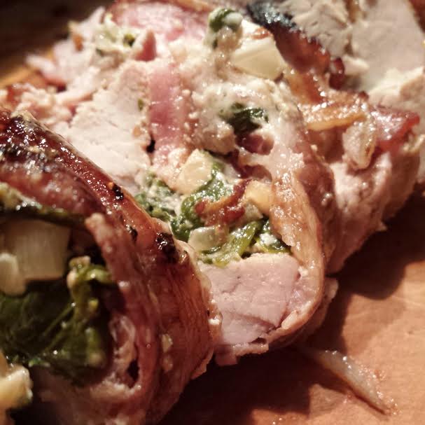 Spinach and Goat Cheese Stuffed Bacon Wrapped Pork Tenderloin with Cranberry Walnut Balsamic Glaze