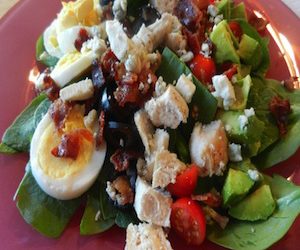 Spinach Cobb Salad with Sweet Strawberry and Smoky Bacon Balsamic Vinaigrette