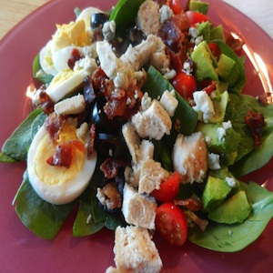 Spinach Cobb Salad with Sweet Strawberry and Smoky Bacon Balsamic Vinaigrette