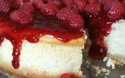 Lemon Ricotta Cheesecake with Meyer Lemon Crust and Raspberry Agretti Compote