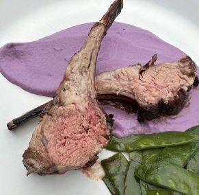 Wild Blueberry Lamb with Herbes de Provence Infused Purple Cauliflower and Yogurt Purée