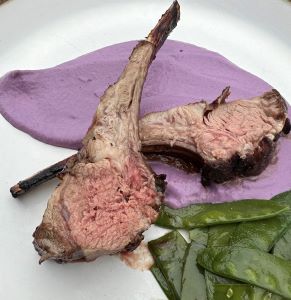 Wild Blueberry Lamb with Herbes de Provence Infused Purple Cauliflower and Yogurt Purée